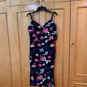 G by Guess Black Midi Dress with Pink & Blue Floral Embroidery